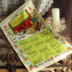 Vintage 1980s Calendar Towel, 1981 Linen Bless Our Home Print with Hanging Rod